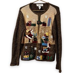 Vintage Heirloom Collectibles Christmas Brown Zip-Up Sweater Size Large Holiday